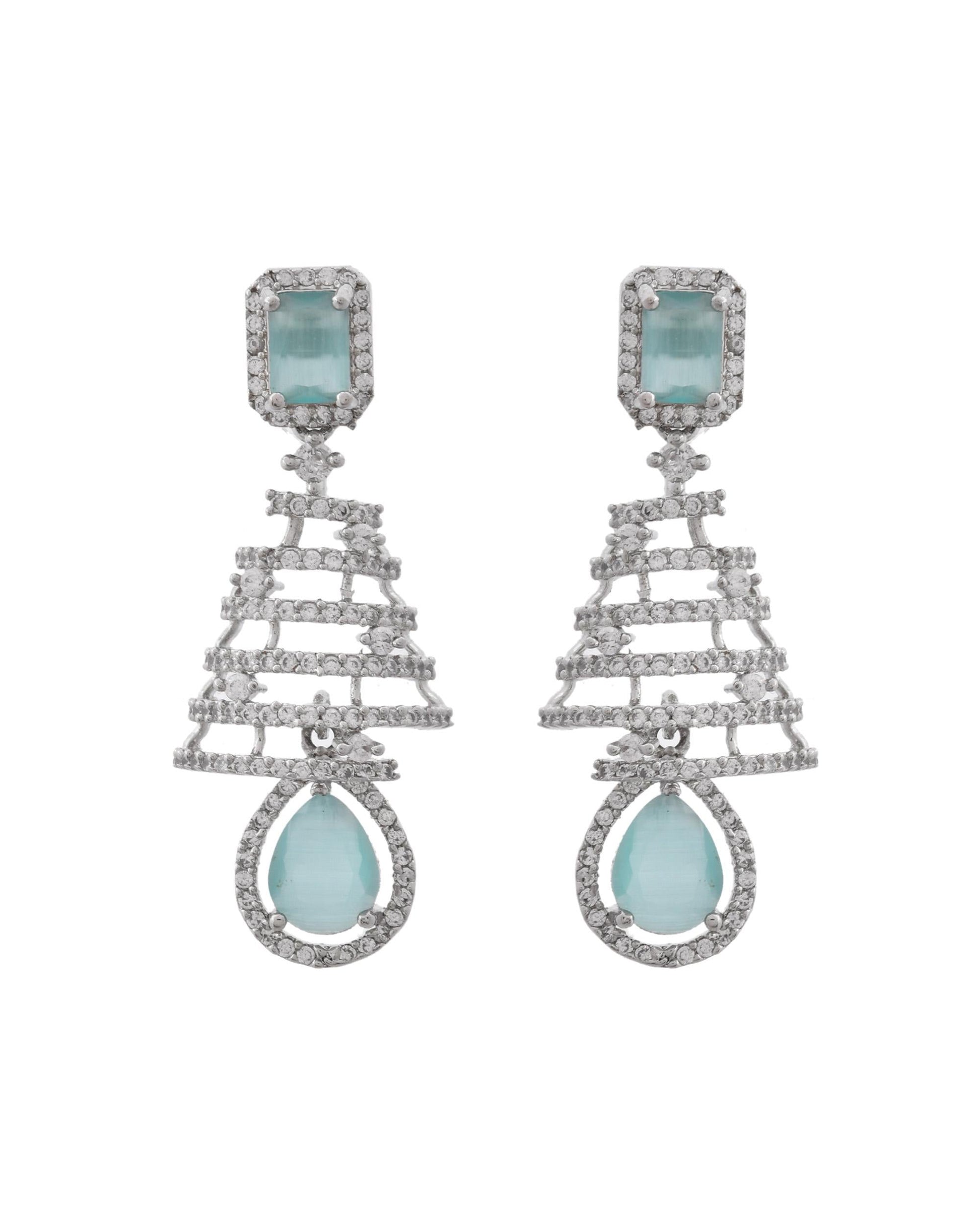 VOJ Silver Plated Mint Green Ad Stone Studded Dome Shaped Earrings - Swadesiicart