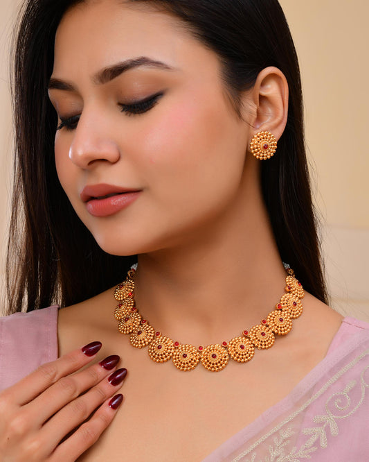 VOJ Gold-Polished Circular Designed Necklace With Earrings Set