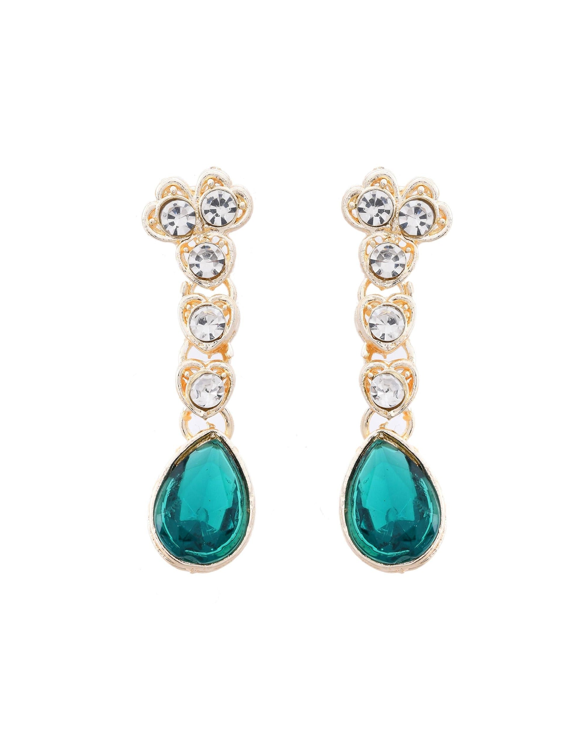 VOJ Silver Plated Green Stone Studded Necklace And Earrings Set - Swadesiicart