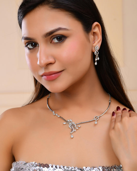 VOJ Silver Toned Stylish Ad- Studded Jewellery Set