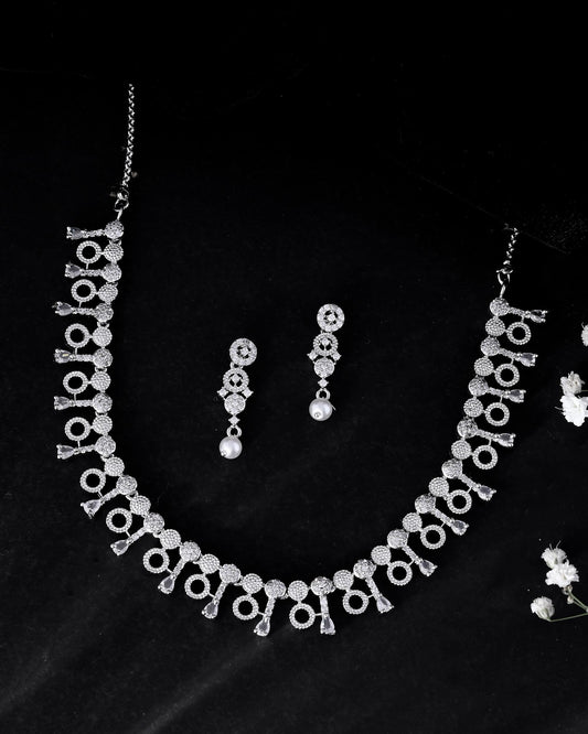 VOJ Silver Plated Ad Stone Studded Geometrical Shaped Necklace And Earrings Set