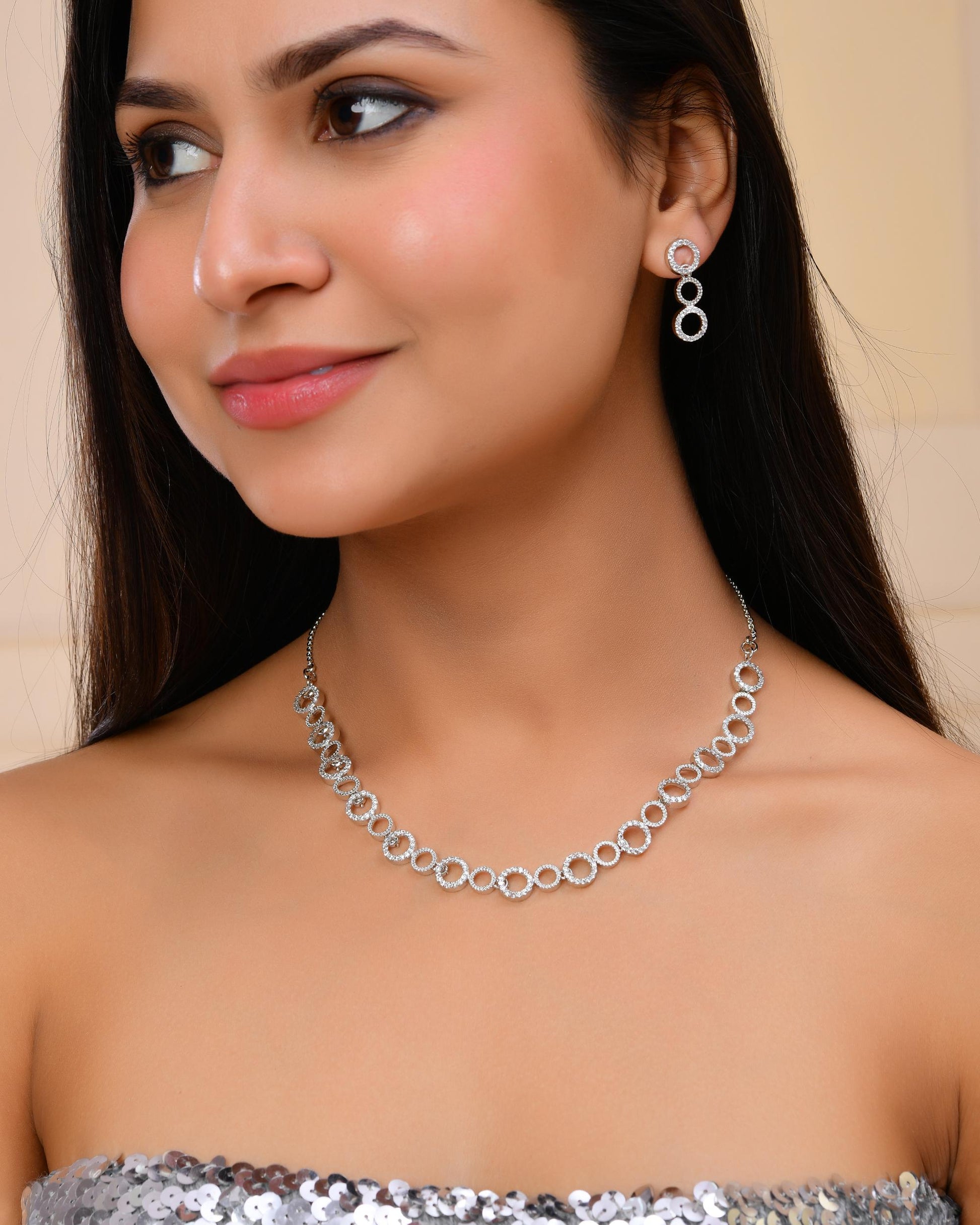 VOJ Silver Plated Ad Stone Studded Round Shaped Necklace And Earrings Set VOJ (Valley Of Jewellery)