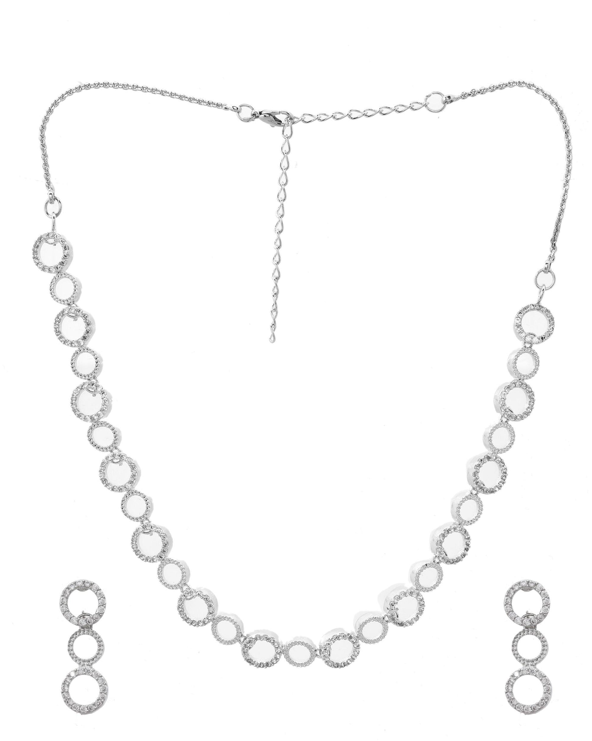 VOJ Silver Plated Ad Stone Studded Round Shaped Necklace And Earrings Set VOJ (Valley Of Jewellery)