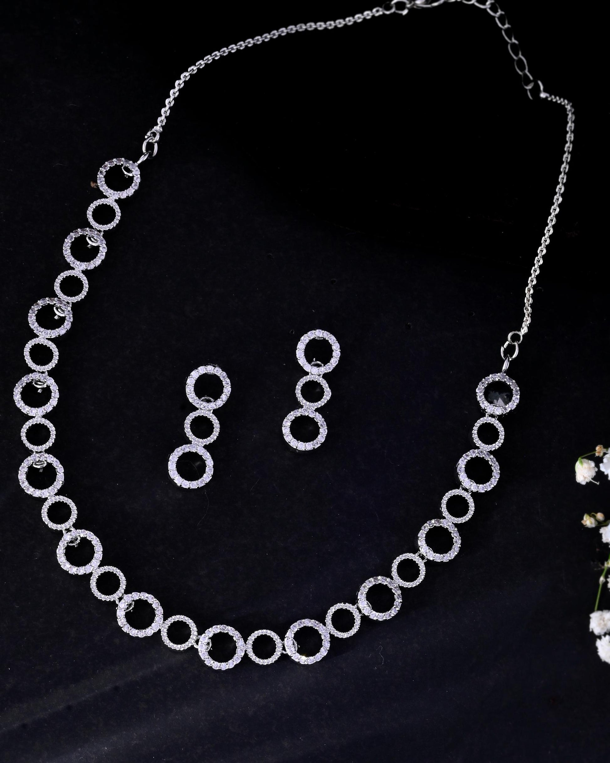 VOJ Silver Plated Ad Stone Studded Round Shaped Necklace And Earrings Set VOJ (Valley Of Jewellery)