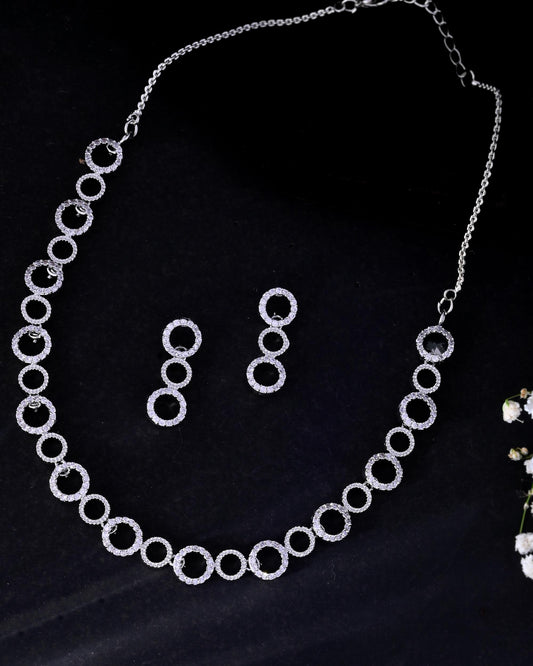 VOJ Silver Plated Ad Stone Studded Round Shaped Necklace And Earrings Set VOJ (Valley Of Jewellery)
