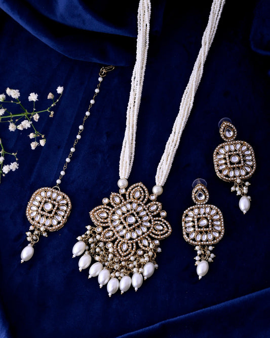 VOJ Gold-Polished Kundan Stone Studded Long Jewellery Set