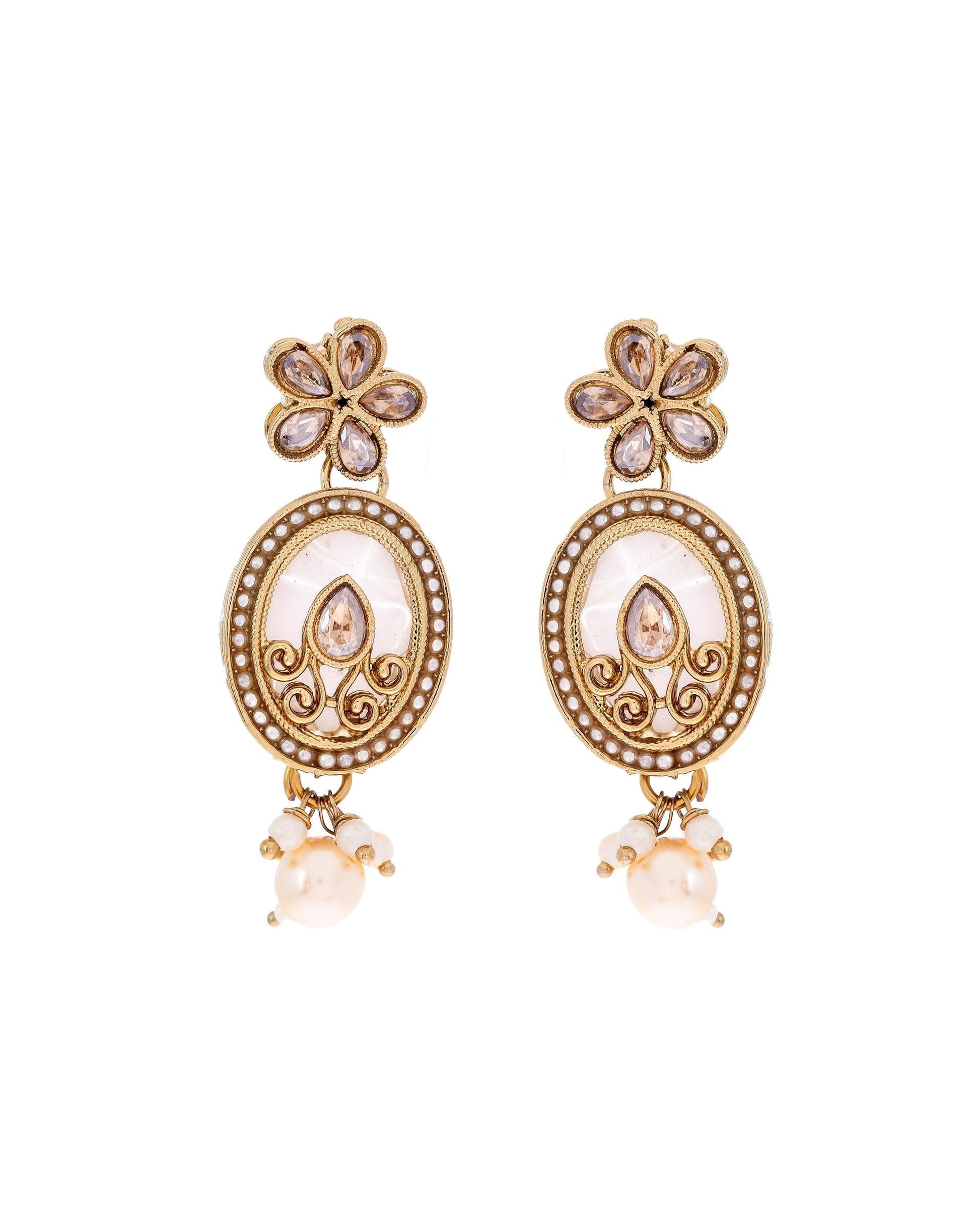 VOJ Gold-Polished Kundan Stone Studded White Necklace With Maang Tikka And Earrings Set - Swadesiicart