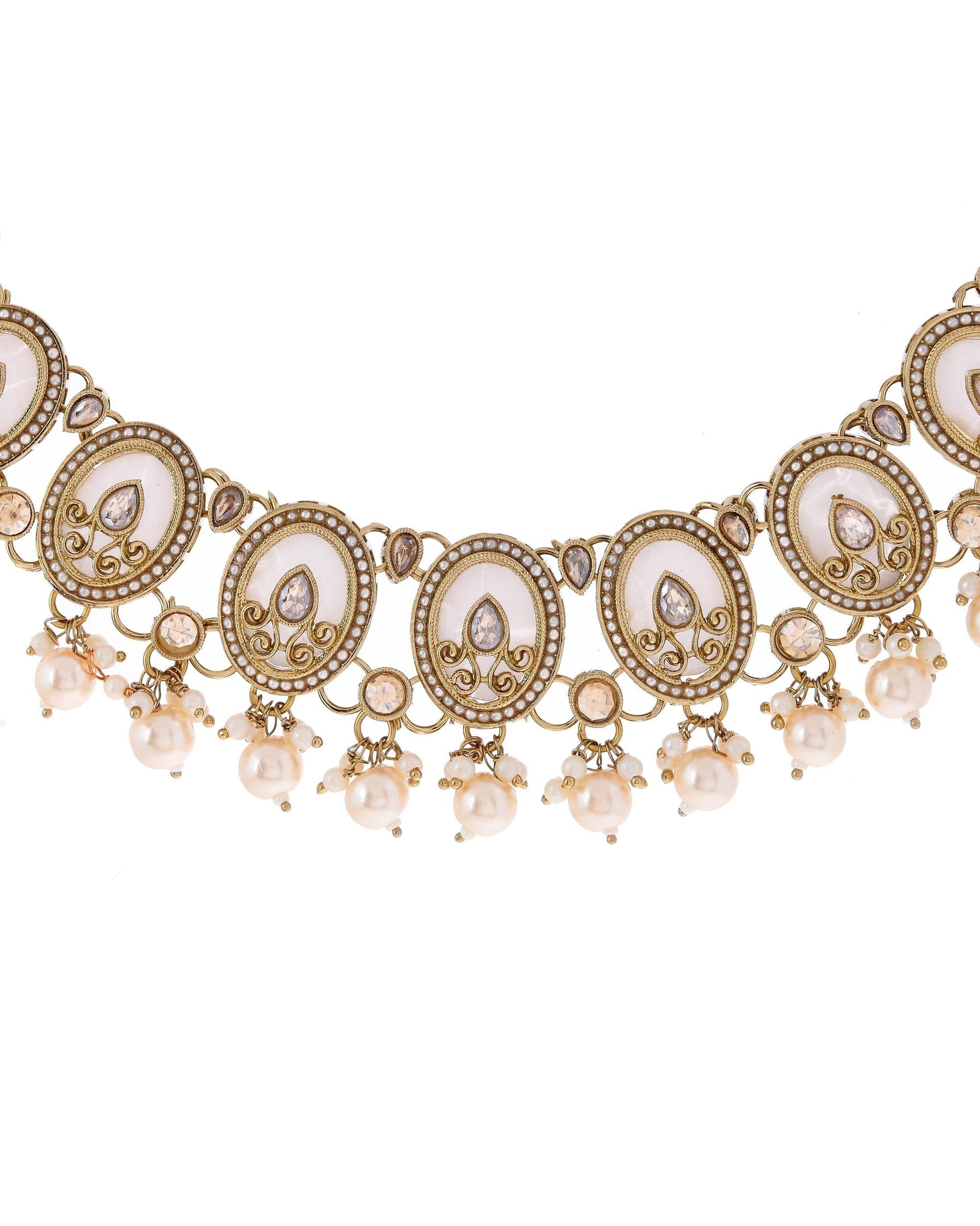 VOJ Gold-Polished Kundan Stone Studded White Necklace With Maang Tikka And Earrings Set - Swadesiicart