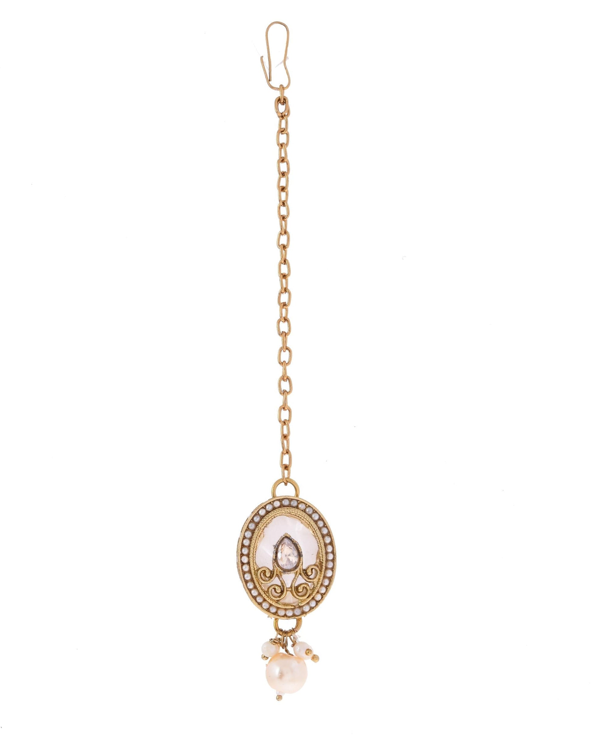 VOJ Gold-Polished Kundan Stone Studded White Necklace With Maang Tikka And Earrings Set - Swadesiicart