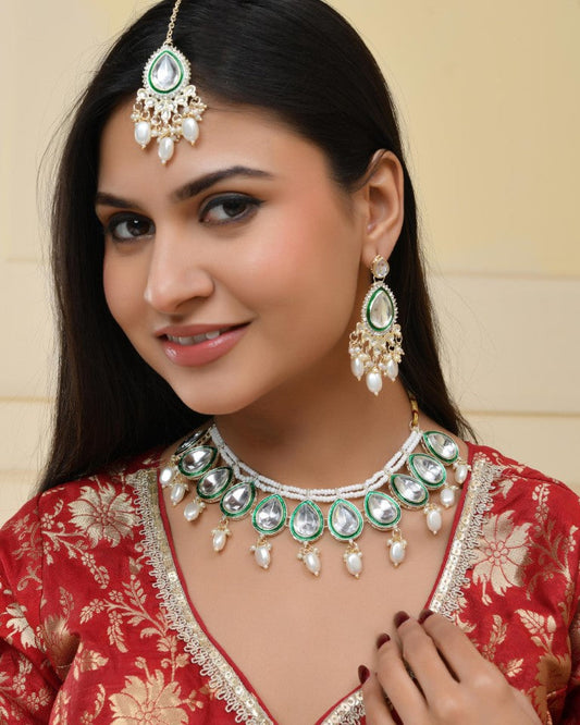 VOJ Gold-Polished White Kundan Stone Studded Choker With Earrings And Maang Tikka Set 