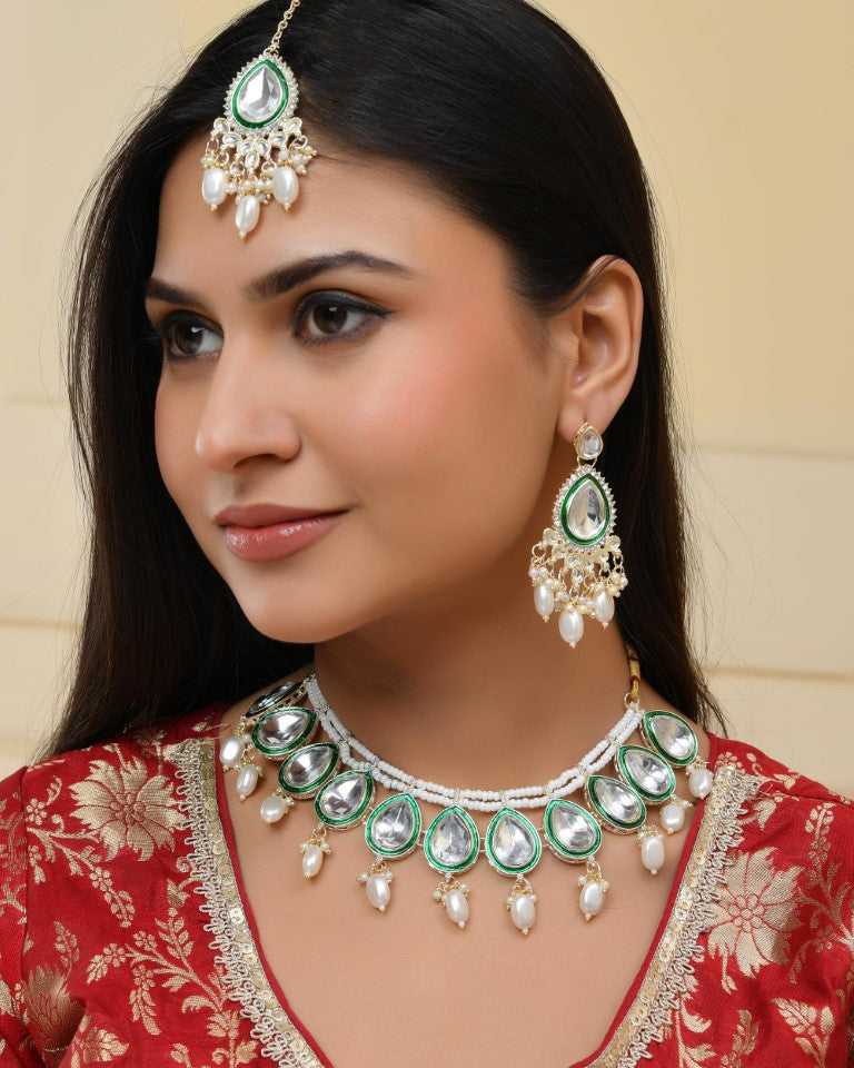VOJ Gold-Polished White Kundan Stone Studded Choker With Earrings And Maang Tikka Set 