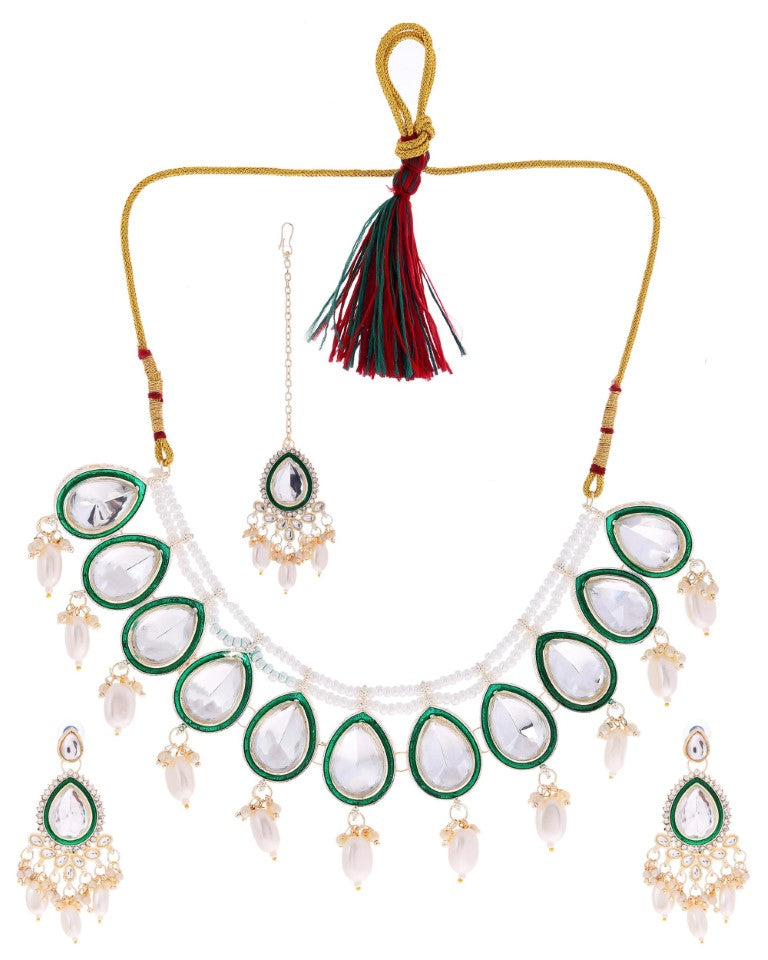 VOJ Gold-Polished White Kundan Stone Studded Choker With Earrings And Maang Tikka Set 