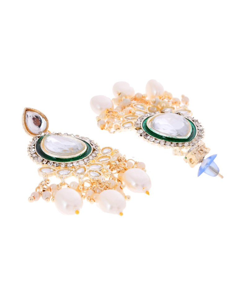 VOJ Gold-Polished White Kundan Stone Studded Choker With Earrings And Maang Tikka Set 