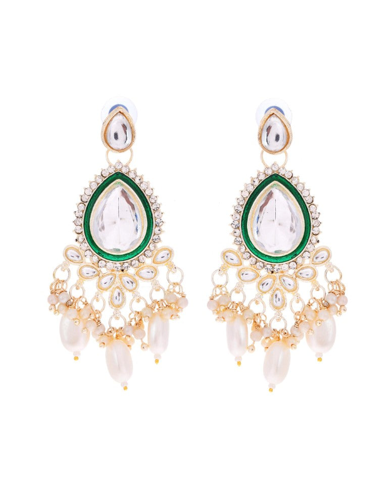 VOJ Gold-Polished White Kundan Stone Studded Choker With Earrings And Maang Tikka Set 