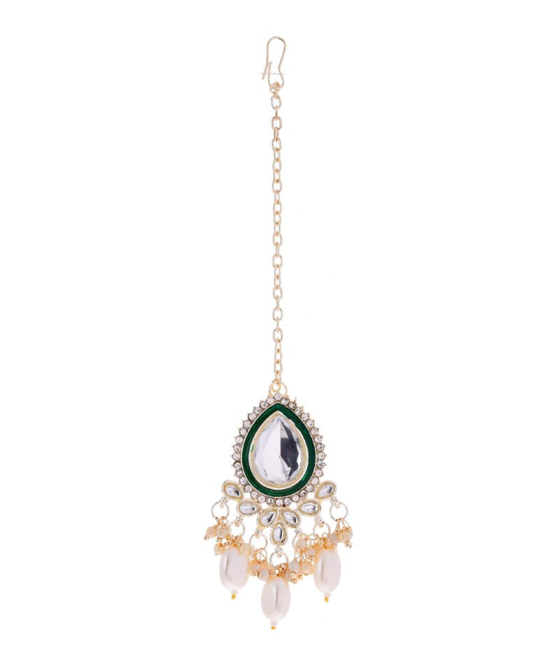 VOJ Gold-Polished White Kundan Stone Studded Choker With Earrings And Maang Tikka Set 