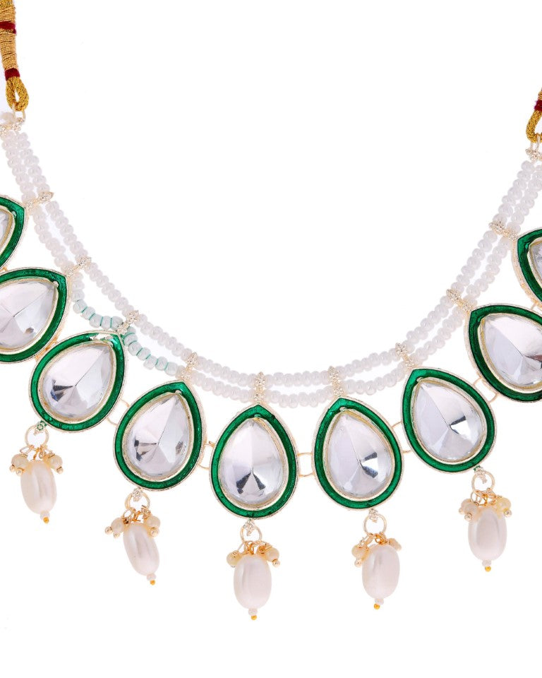 VOJ Gold-Polished White Kundan Stone Studded Choker With Earrings And Maang Tikka Set 