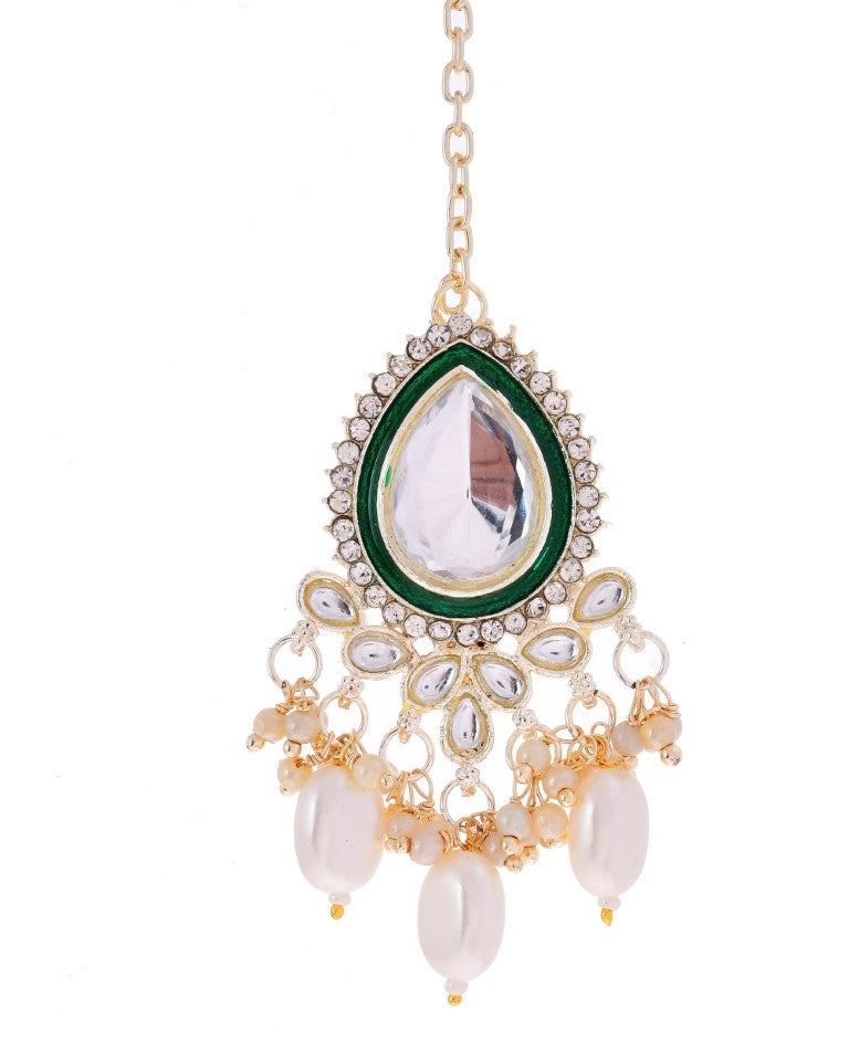 VOJ Gold-Polished White Kundan Stone Studded Choker With Earrings And Maang Tikka Set 