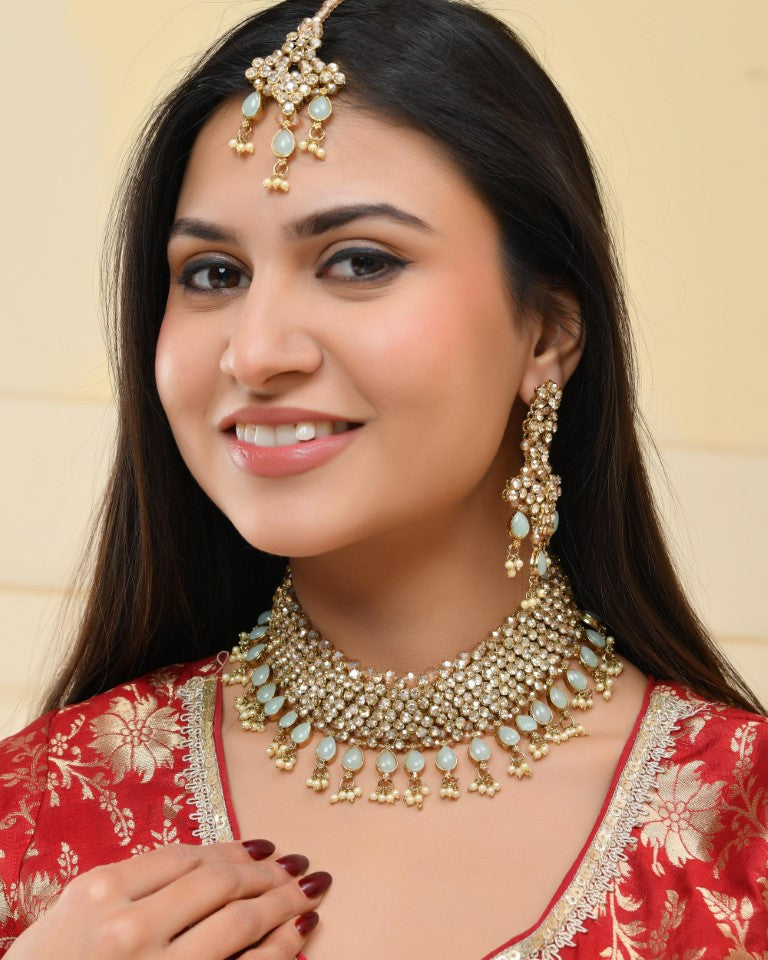 VOJ Gold And Sea Green Stone Studded Classic Choker Set 