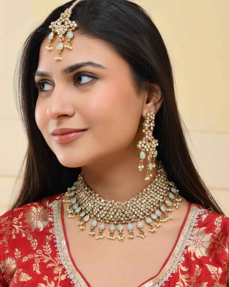 VOJ Gold And Sea Green Stone Studded Classic Choker Set 