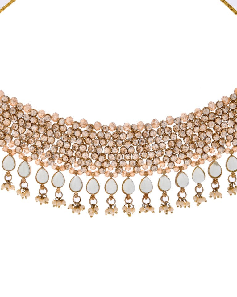 VOJ Gold And Sea Green Stone Studded Classic Choker Set 