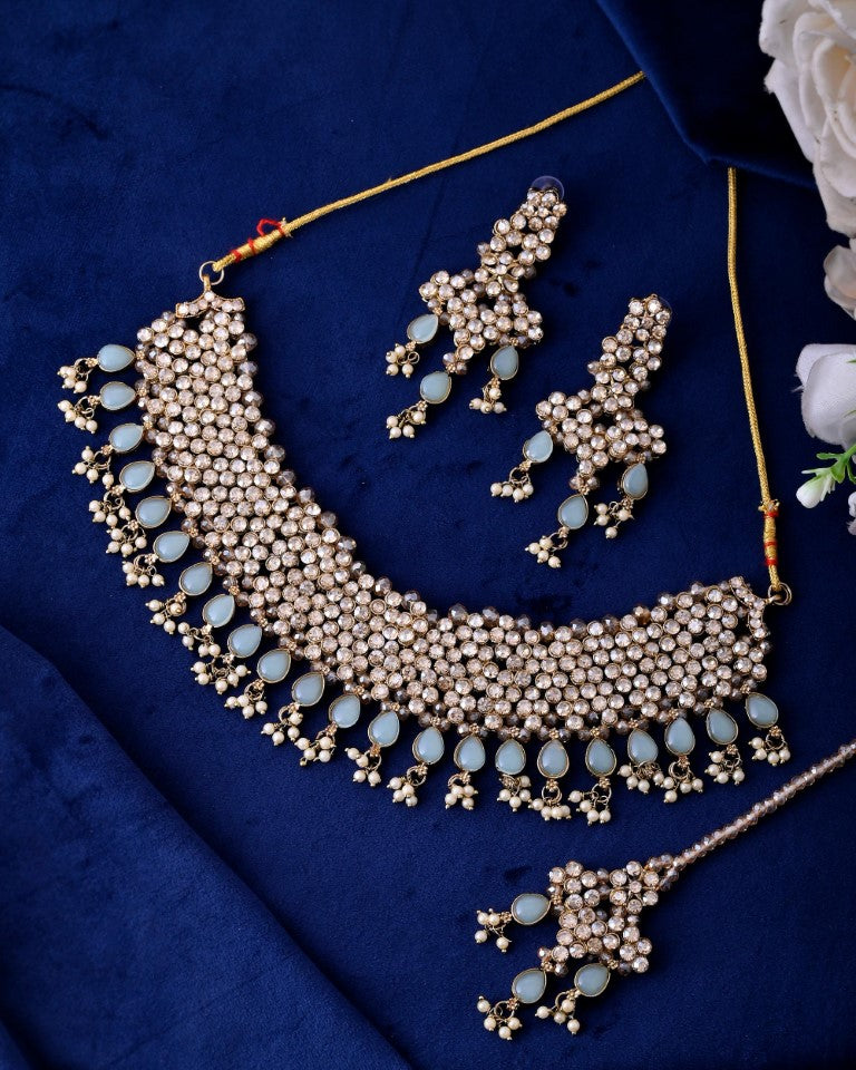 VOJ Gold And Sea Green Stone Studded Classic Choker Set 