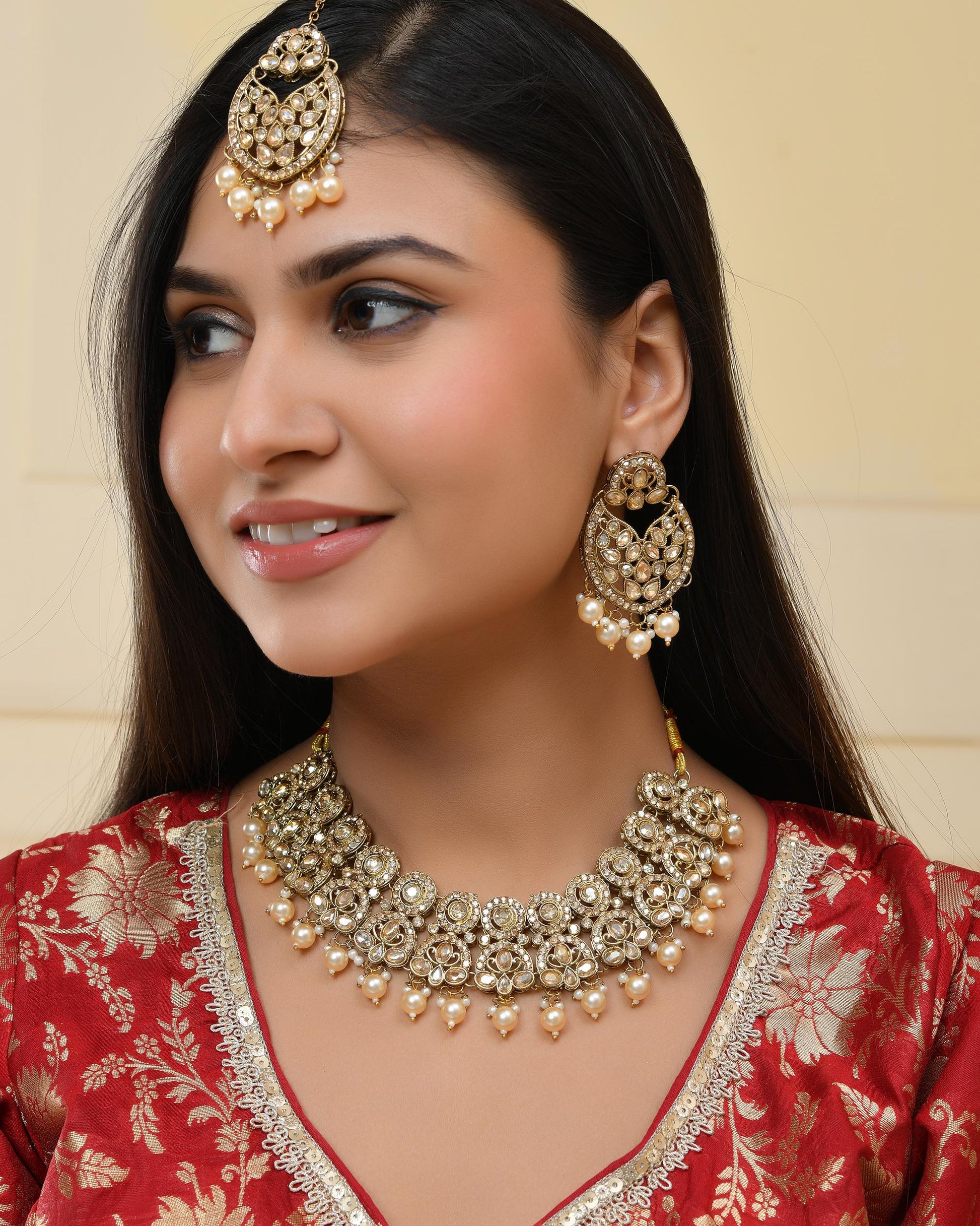 VOJ Gold-Polished Stone Studded Designer Choker With Earrings And Maang Tikka Set 