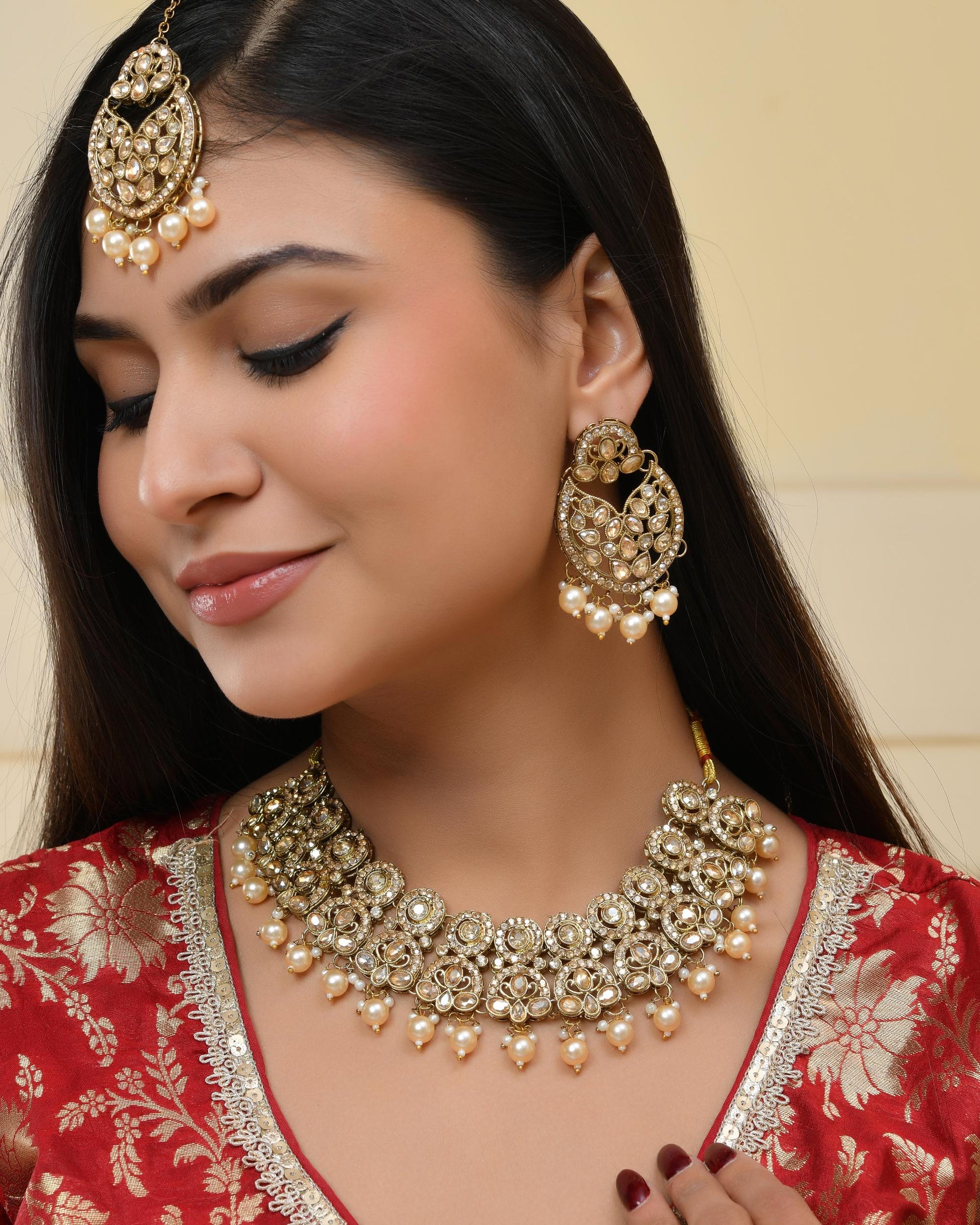VOJ Gold-Polished Stone Studded Designer Choker With Earrings And Maang Tikka Set 