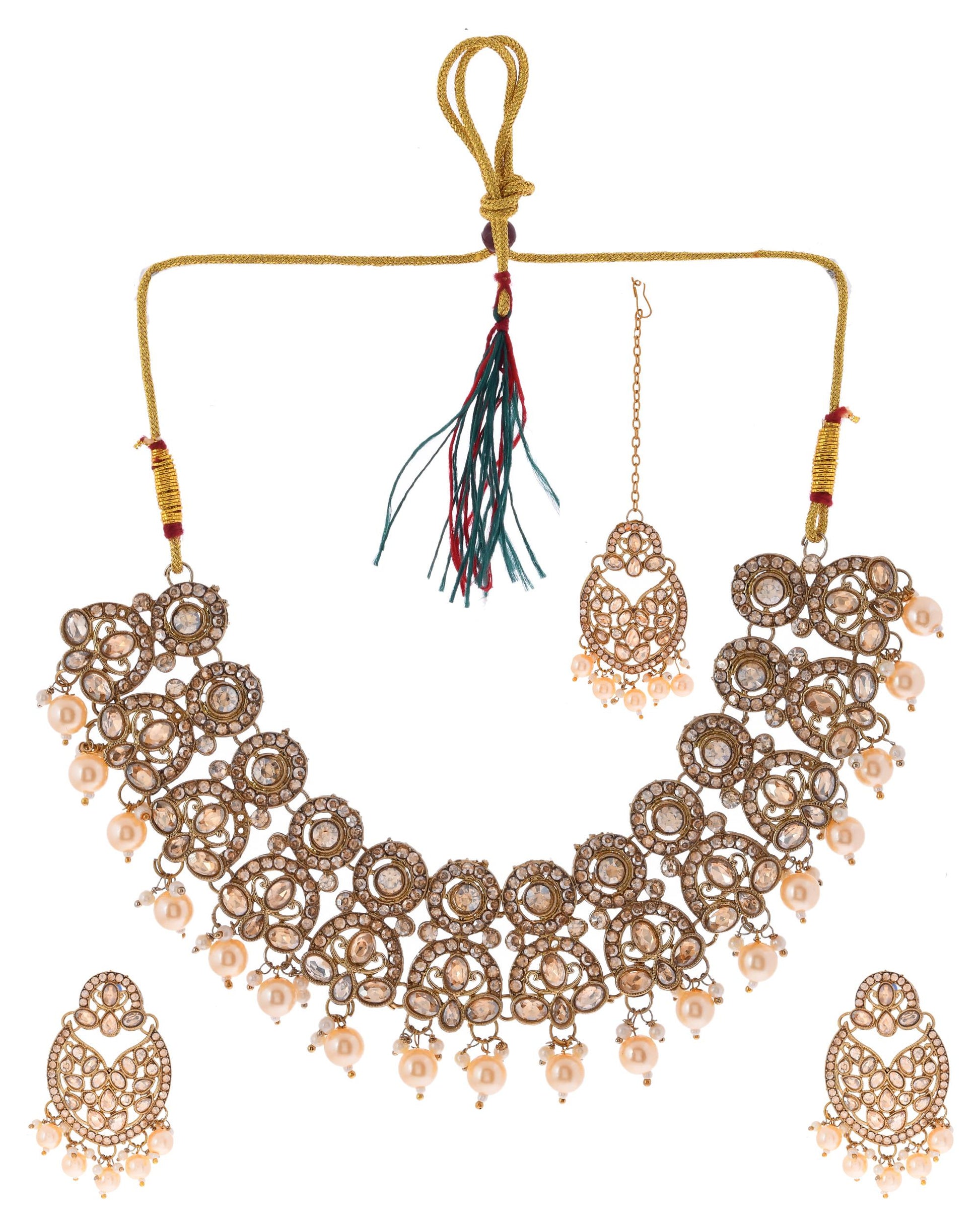 VOJ Gold-Polished Stone Studded Designer Choker With Earrings And Maang Tikka Set 
