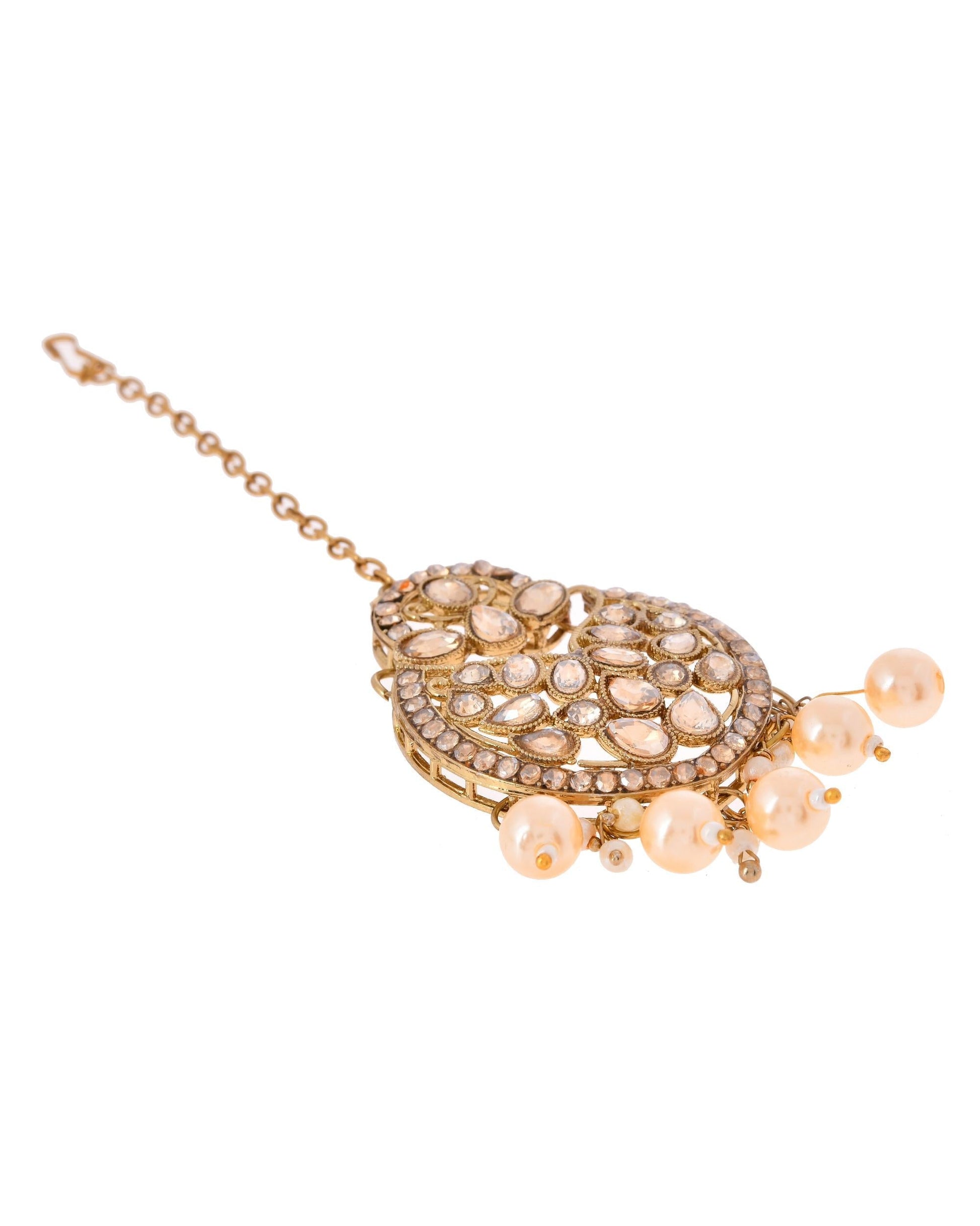 VOJ Gold-Polished Stone Studded Designer Choker With Earrings And Maang Tikka Set 