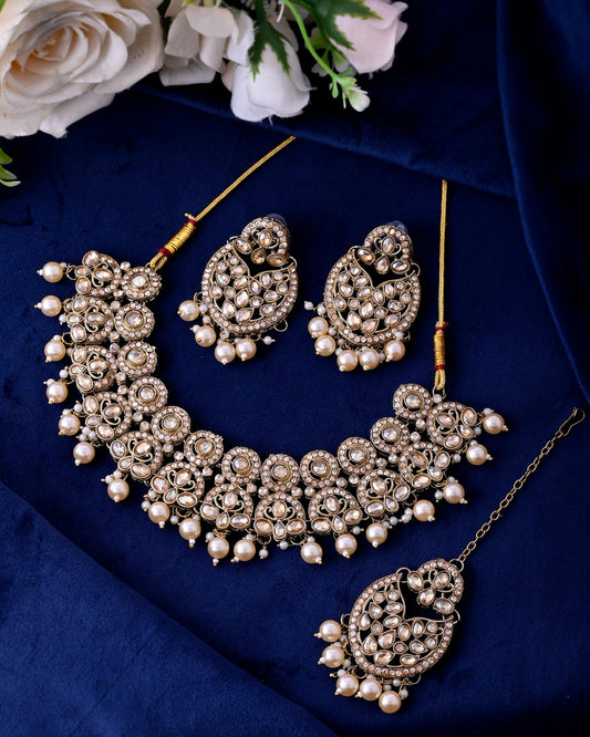 VOJ Gold-Polished Stone Studded Designer Choker With Earrings And Maang Tikka Set 