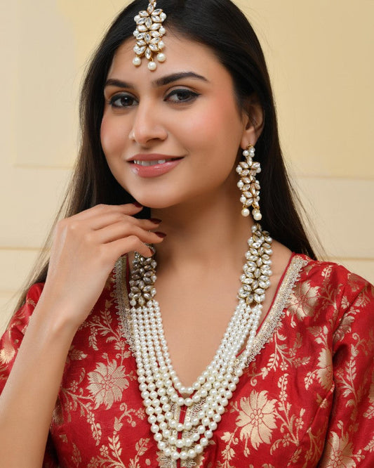 VOJ Pearl And Kundan Studded Long Necklace With Earrings And Maang Tikka Set