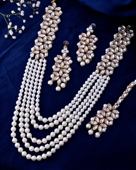 VOJ Pearl And Kundan Studded Long Necklace With Earrings And Maang Tikka Set