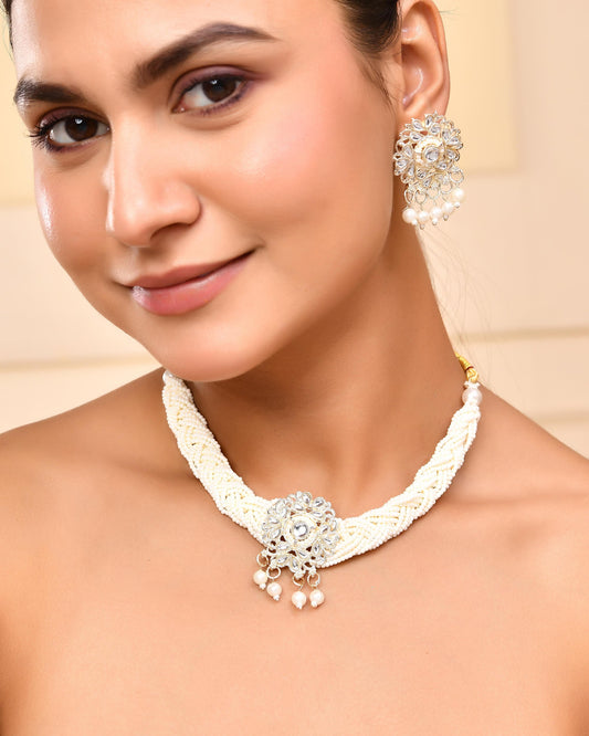VOJ Kundan with Pearl Studded Choker Necklace With Earrings Set VOJ (Valley Of Jewellery)