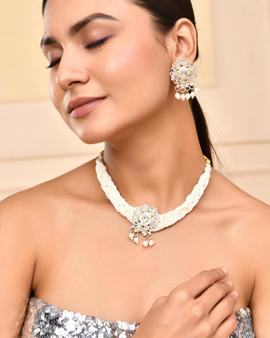 VOJ Kundan with Pearl Studded Choker Necklace With Earrings Set VOJ (Valley Of Jewellery)