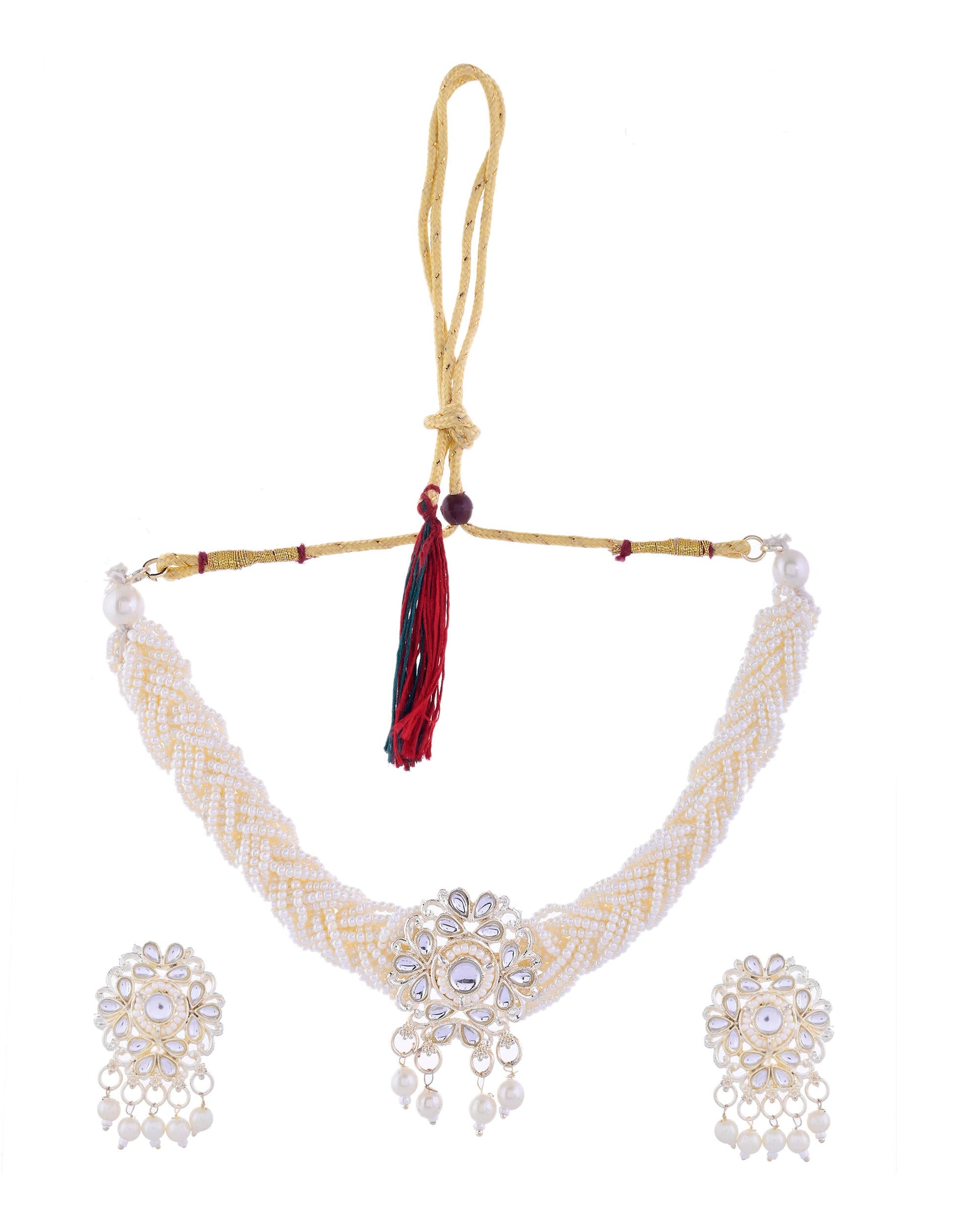 VOJ Kundan with Pearl Studded Choker Necklace With Earrings Set VOJ (Valley Of Jewellery)