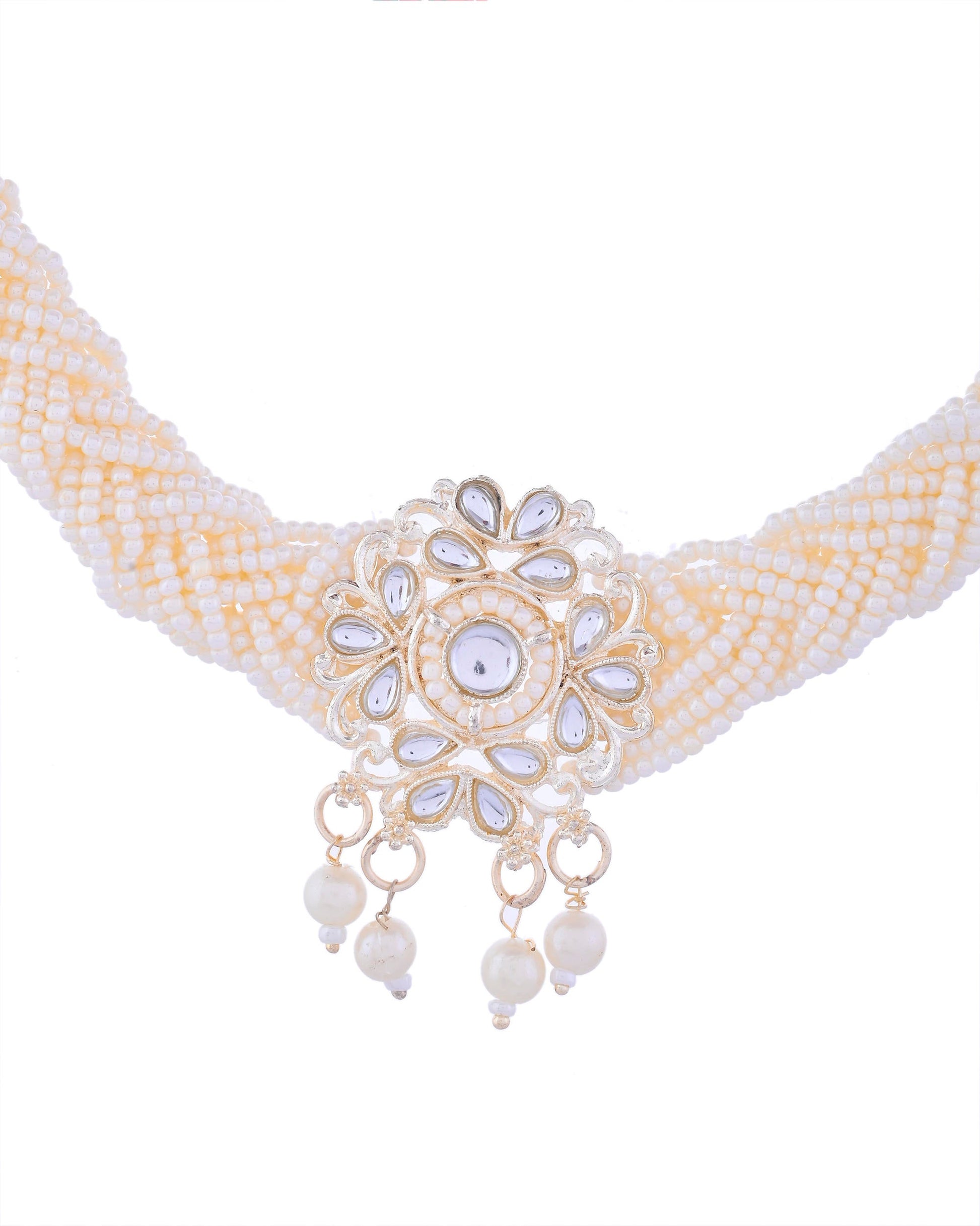 VOJ Kundan with Pearl Studded Choker Necklace With Earrings Set VOJ (Valley Of Jewellery)