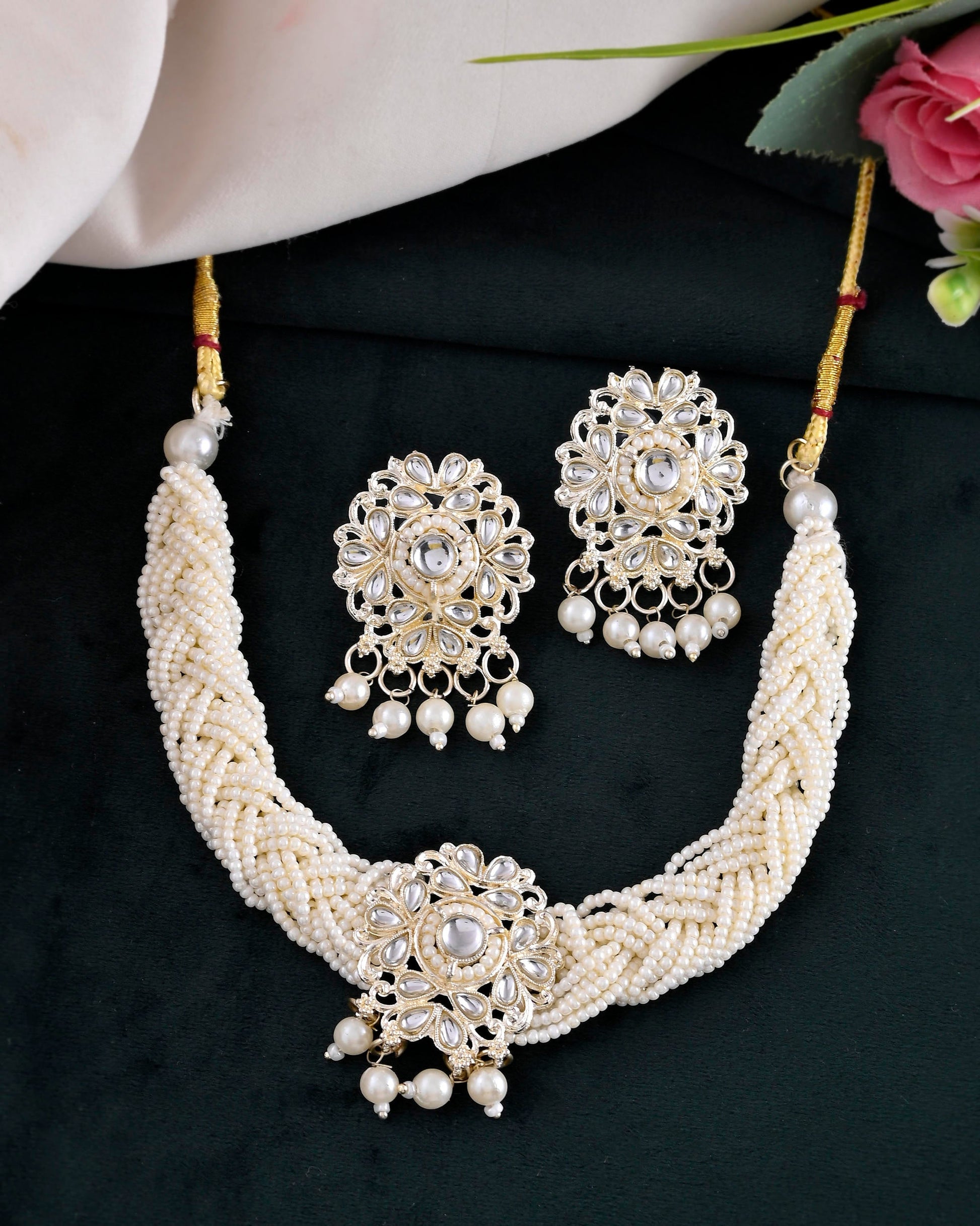VOJ Kundan with Pearl Studded Choker Necklace With Earrings Set VOJ (Valley Of Jewellery)