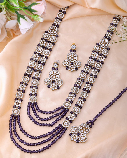 VOJ Purple Beaded With Stone Studded Long Jewellery Set