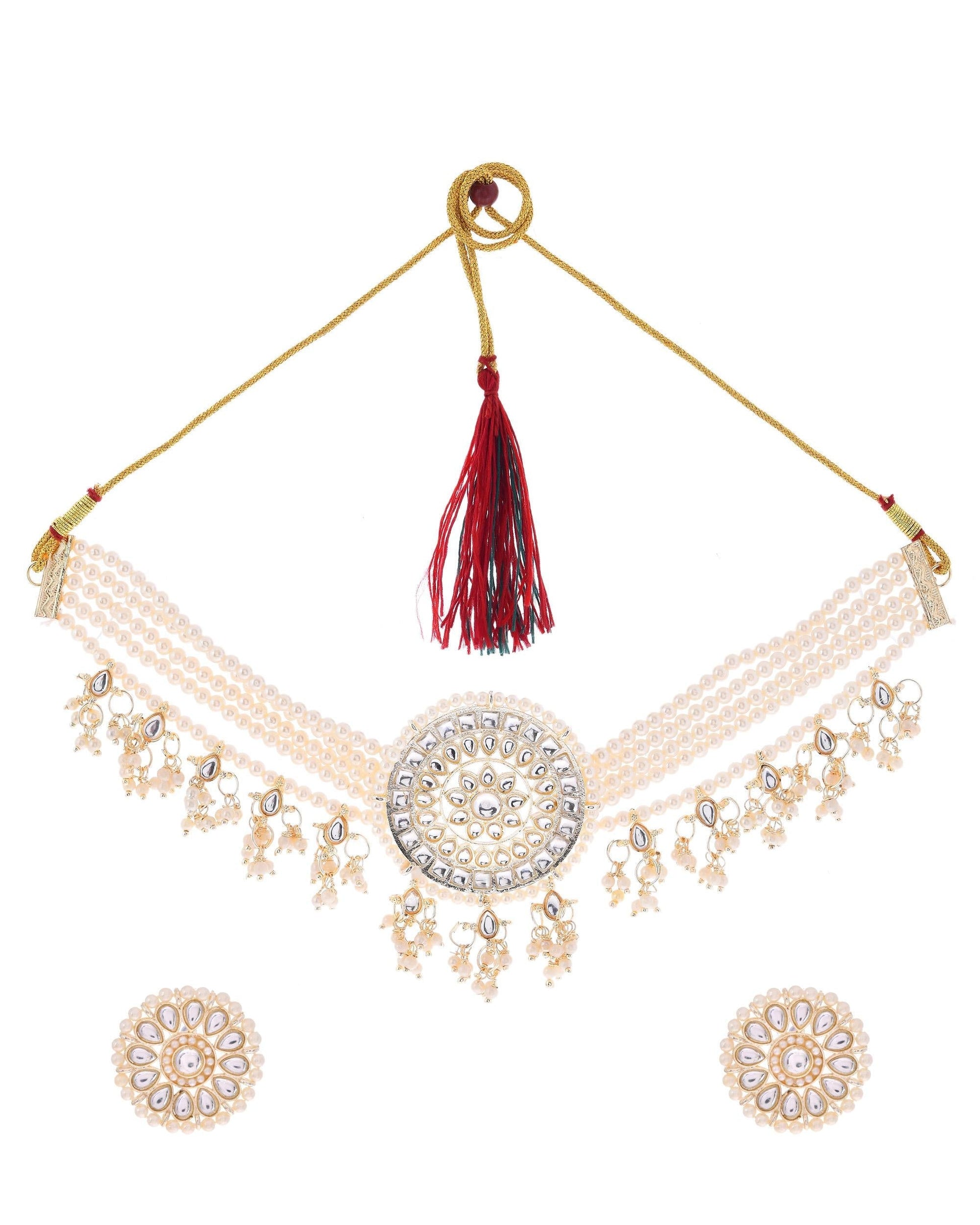 VOJ Gold-Polished Kundan Studded Choker Jewellery Set - Swadesiicart