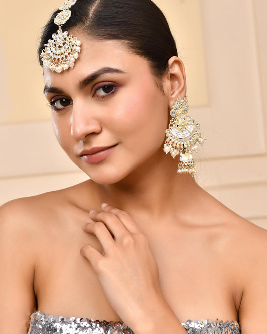VOJ Gold-Polished Kundan Studded Earrings with Maang Tikka