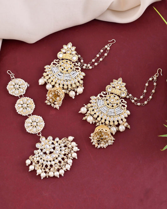 VOJ Gold-Polished Kundan Studded Earrings with Maang Tikka