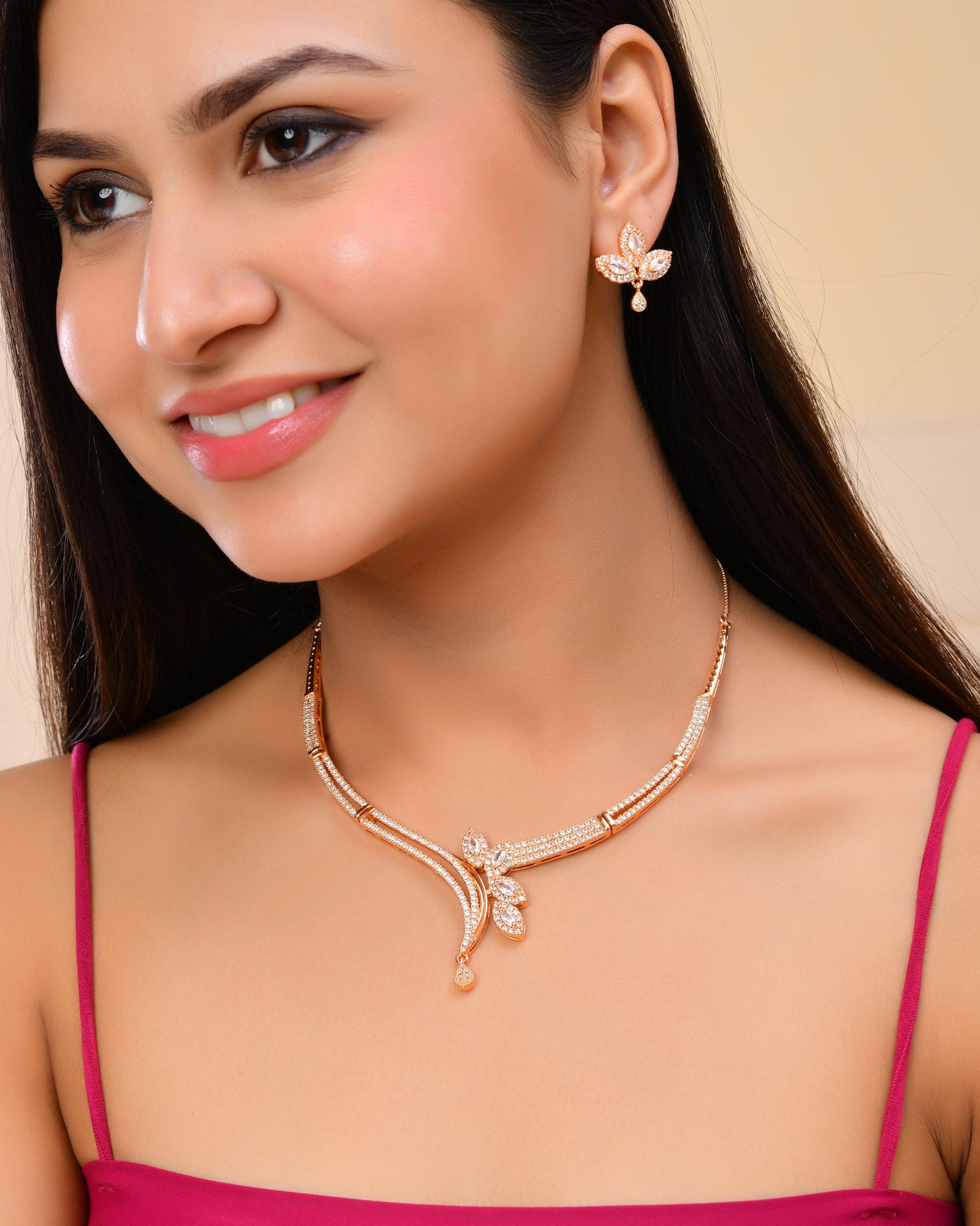 VOJ Gold-Polished Designer Ad Studded Jewellery Set VOJ (Valley Of Jewellery)