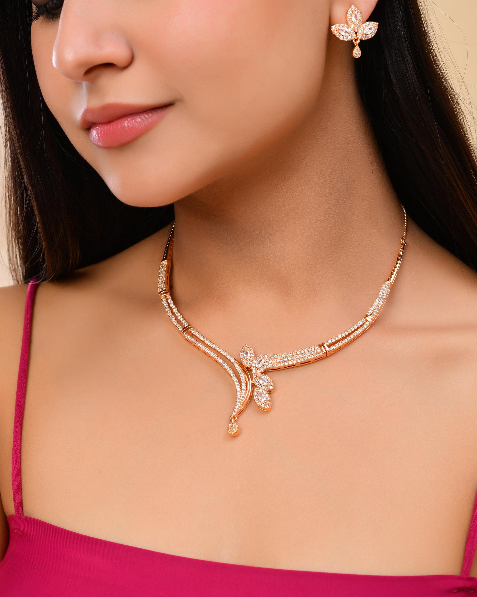 VOJ Gold-Polished Designer Ad Studded Jewellery Set VOJ (Valley Of Jewellery)