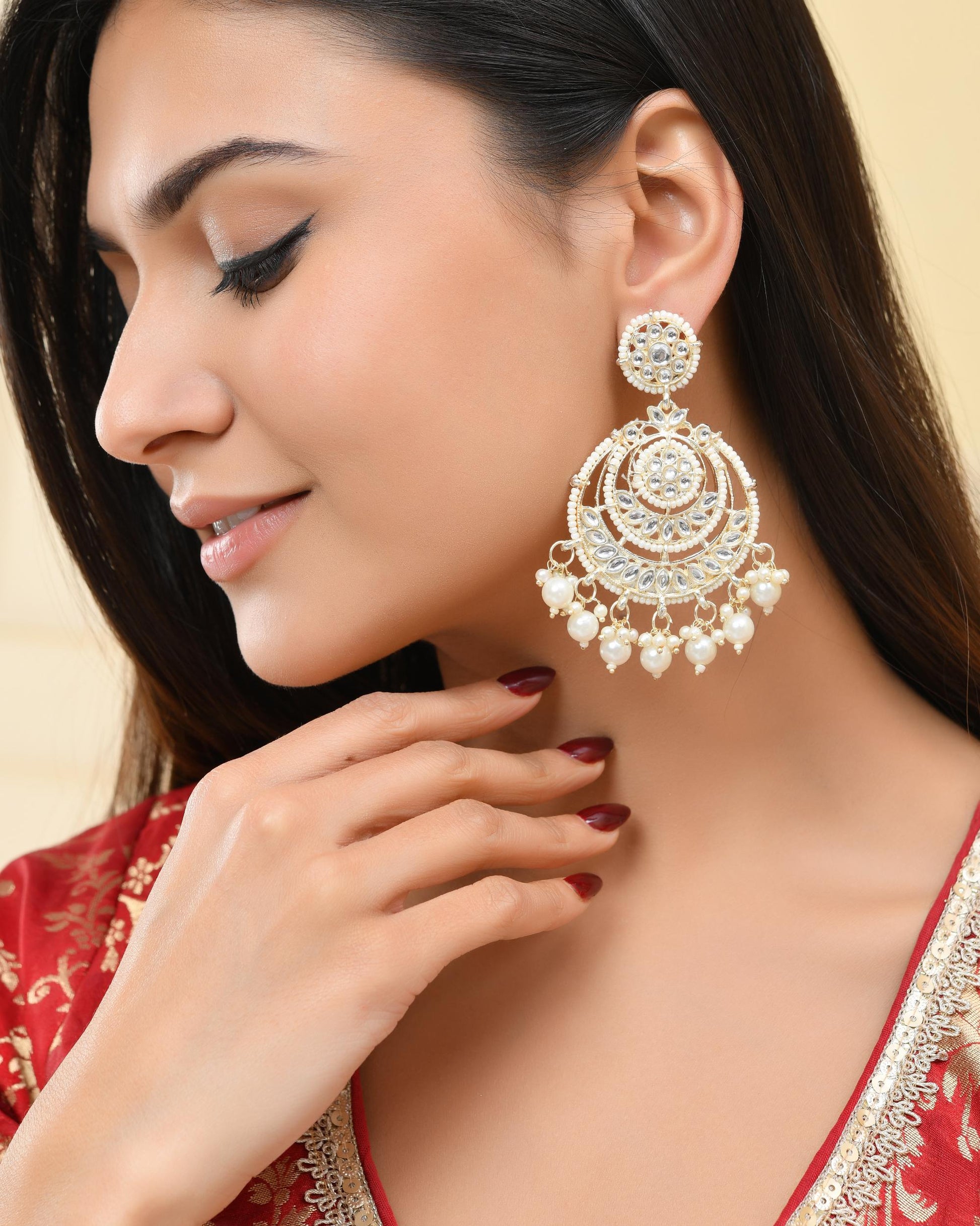VOJ Gold-Polished Kundan And Pearl Studded Circular Earrings VOJ (Valley Of Jewellery)