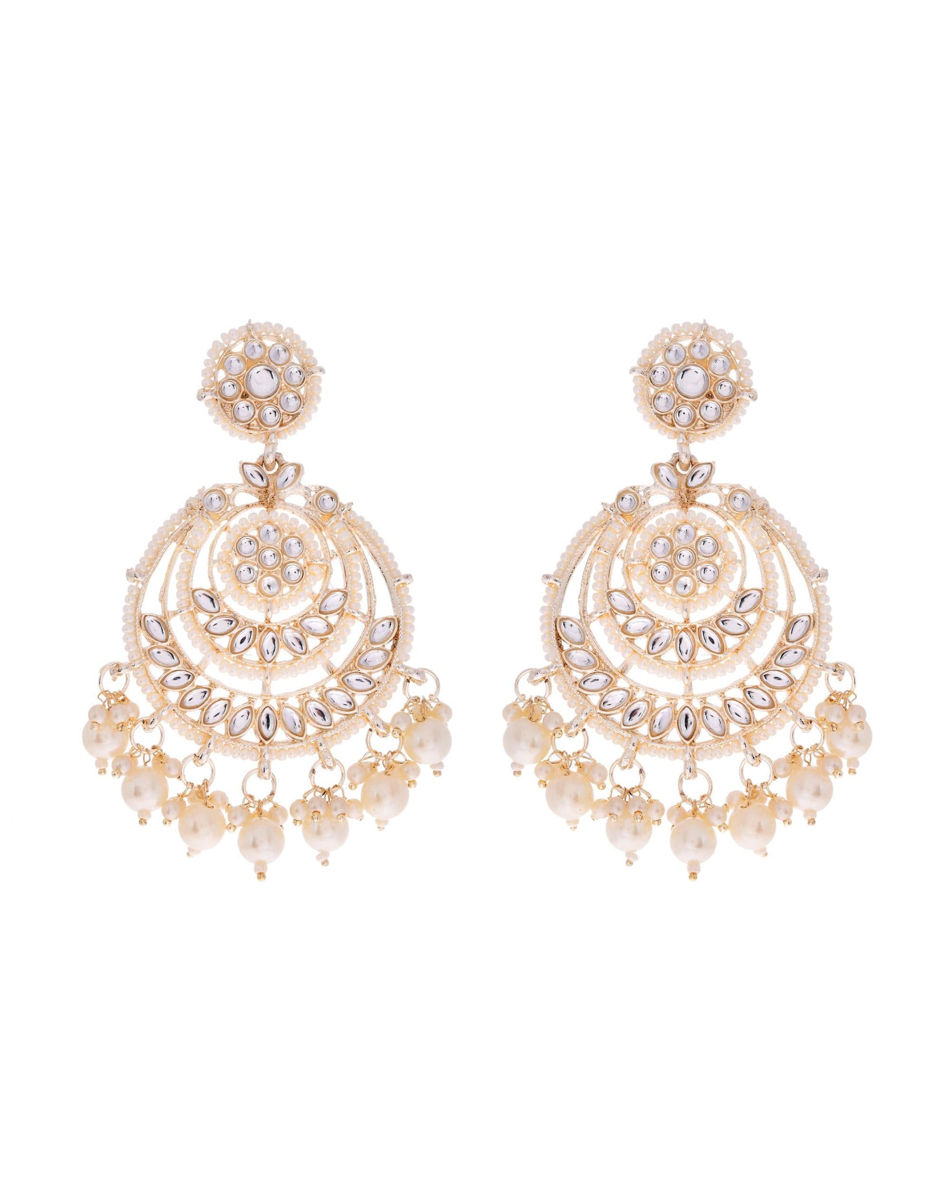 VOJ Gold-Polished Kundan And Pearl Studded Circular Earrings VOJ (Valley Of Jewellery)
