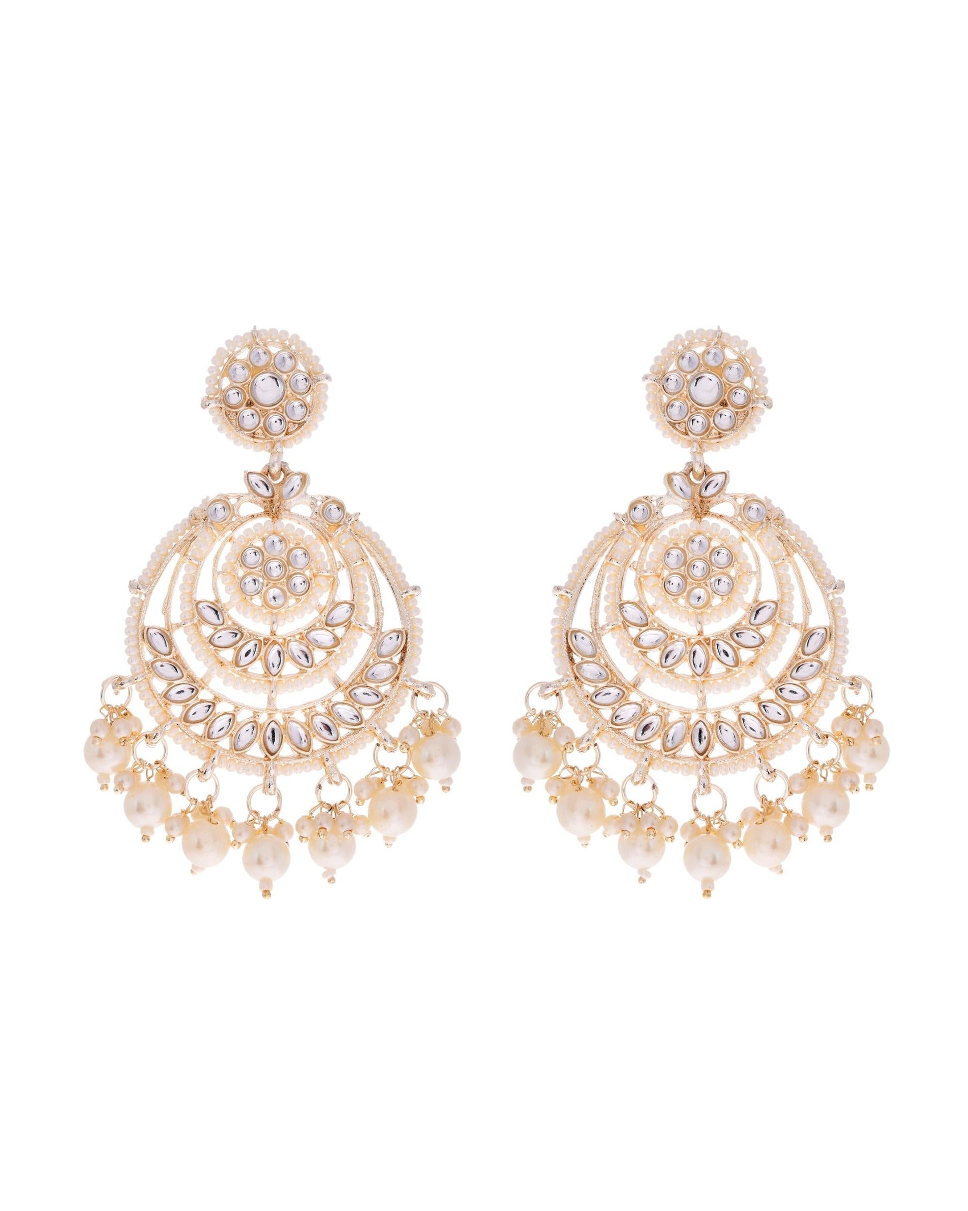 VOJ Gold-Polished Kundan And Pearl Studded Circular Earrings - Swadesiicart