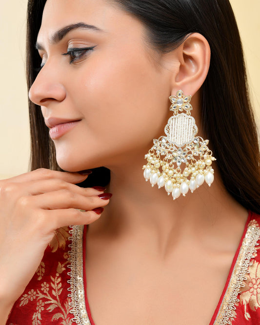 VOJ Gold-Polished Kundan Studded Pearl Drop Earrings VOJ (Valley Of Jewellery)