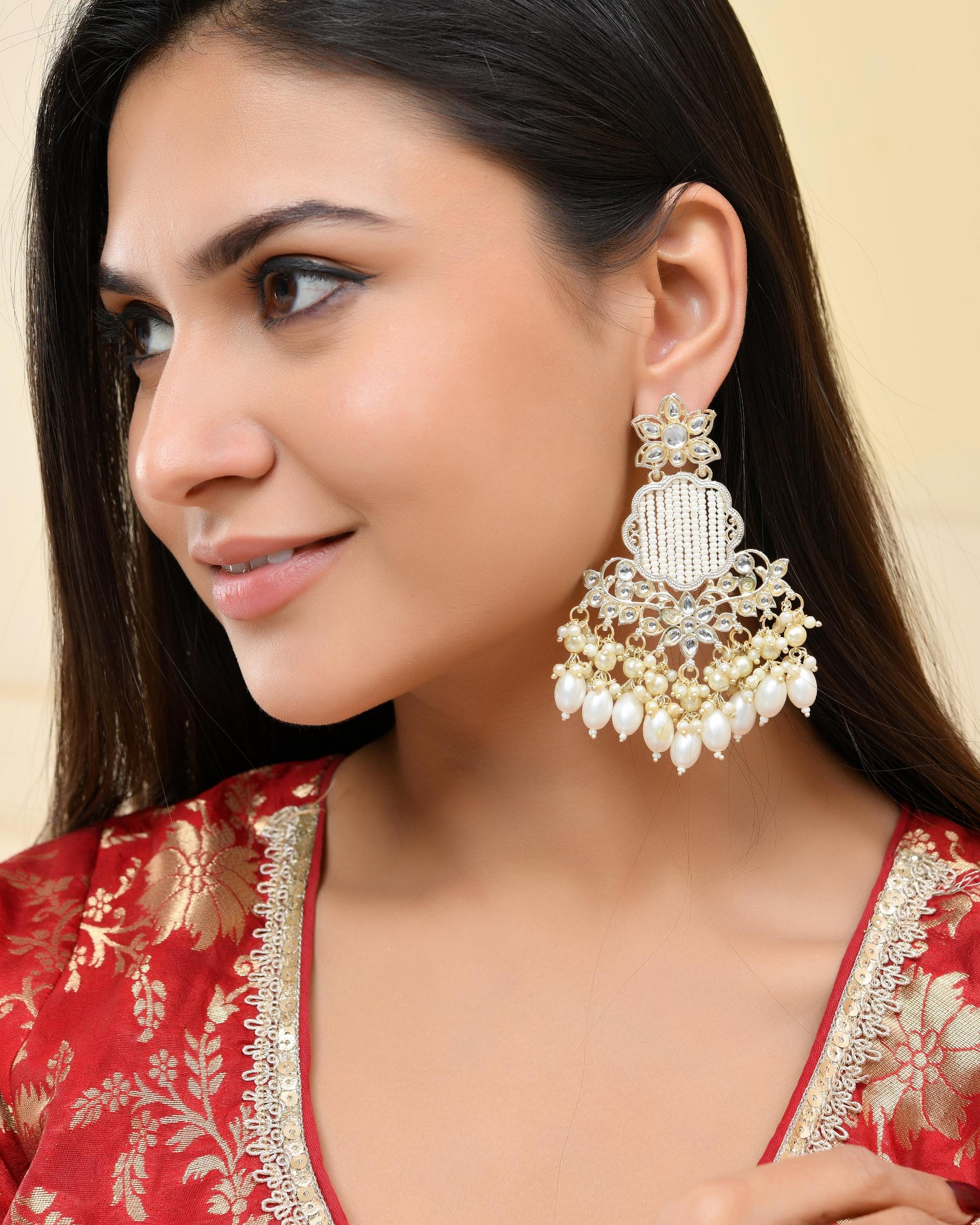 VOJ Gold-Polished Kundan Studded Pearl Drop Earrings VOJ (Valley Of Jewellery)