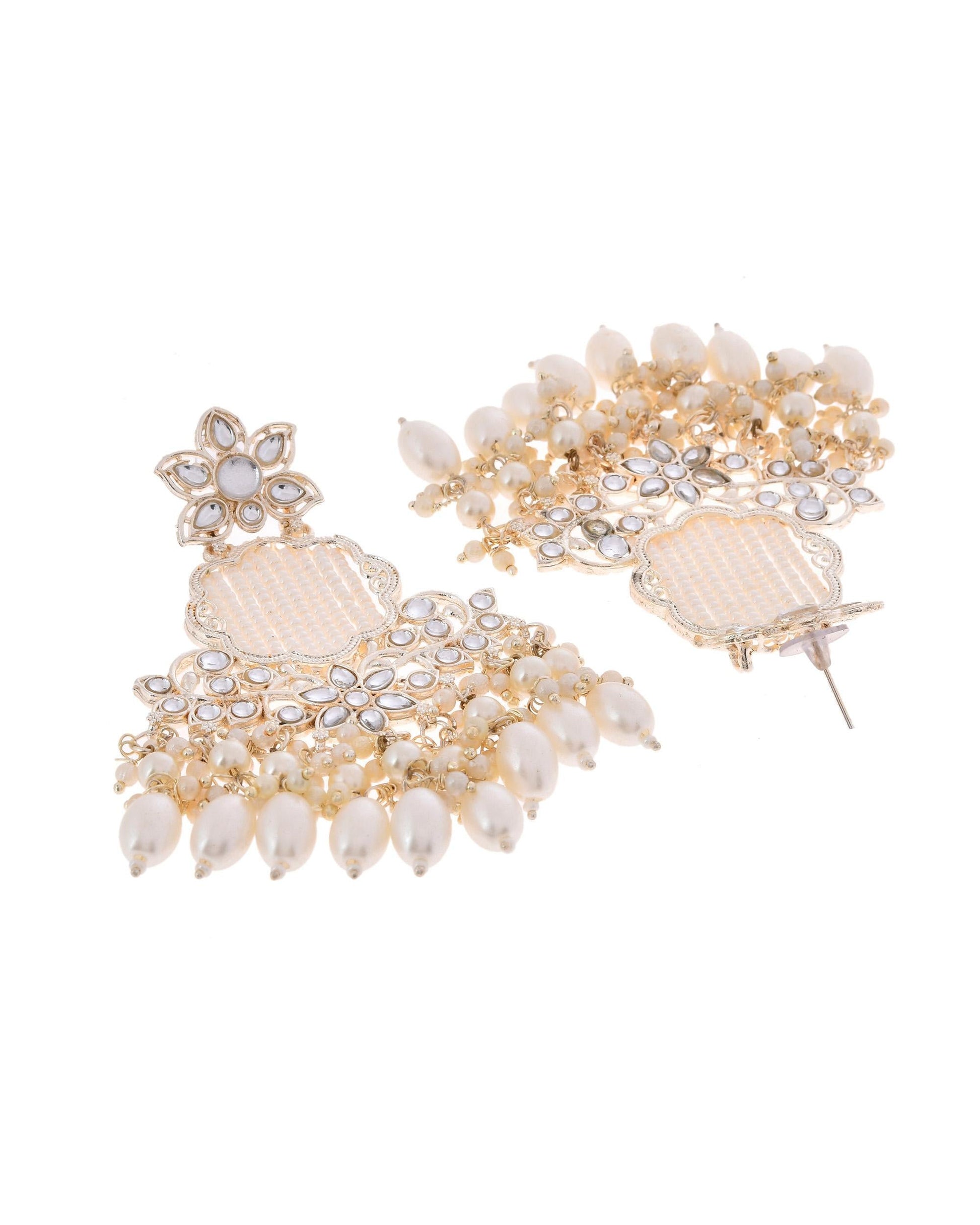 VOJ Gold-Polished Kundan Studded Pearl Drop Earrings VOJ (Valley Of Jewellery)