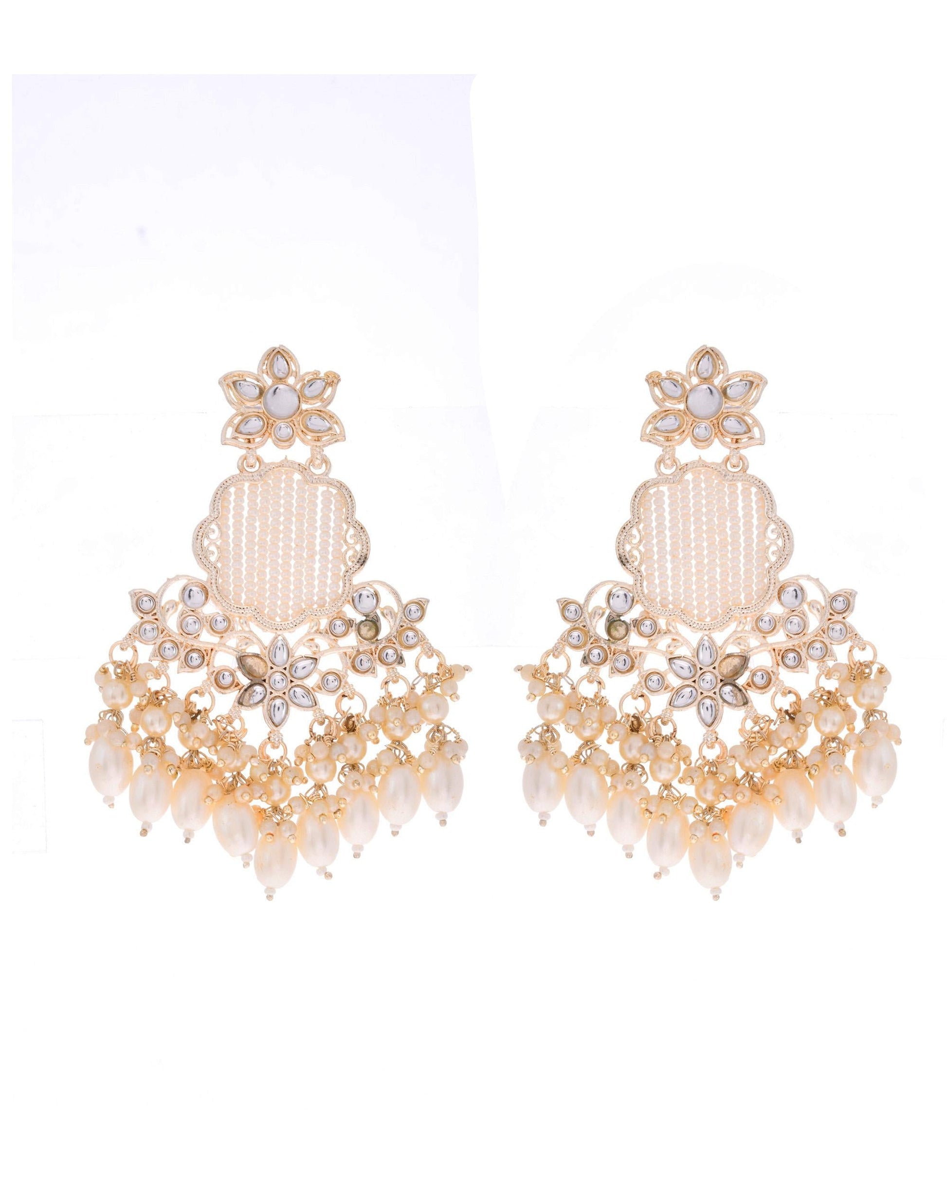 VOJ Gold-Polished Kundan Studded Pearl Drop Earrings VOJ (Valley Of Jewellery)